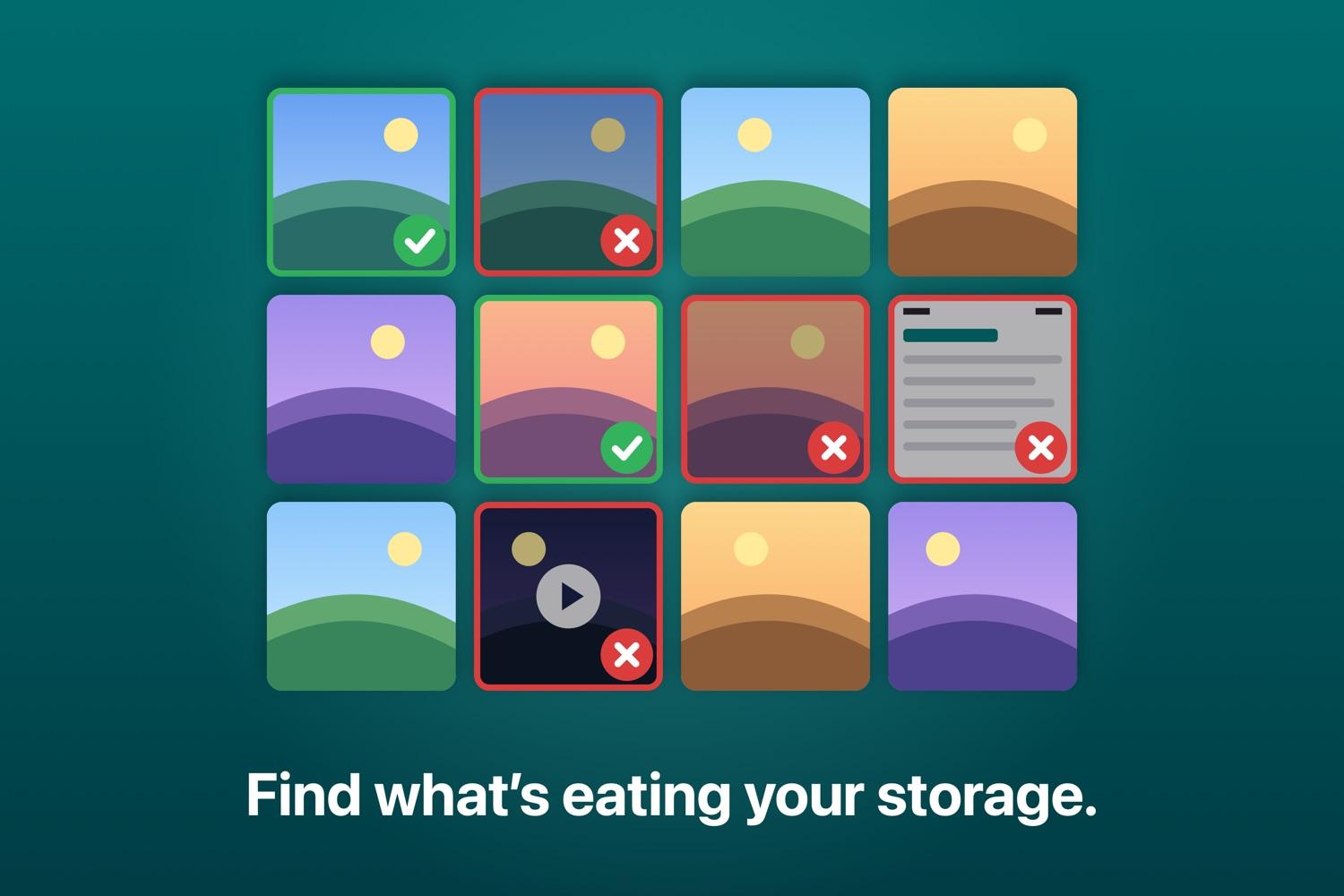 A photo grid with a duplicate, a weaker similar shot, a screenshot and a large video marked to remove